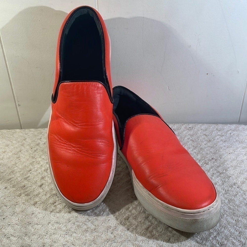 CELINE Athletic Slip On Orange Leather Slides Platform Structured Sneakers